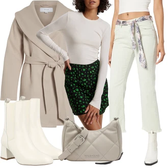 Outfit s Krémová/Bílá/Béžová Chelsea Boty/Kovbojská kotníková bota/Plochá Kotníková Bota/Kožená bunda/Letní kotníková kozačka/Kotníková Bota s Podšívkou/Kožená kotníková bota About You "Perfekt na podzim"