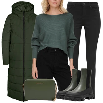 Outfit s Tmavě Zelená/Zelená Chelsea Boty/Kožená bunda/Gumová Kotníková Bota Only "Perfektní na zimu"