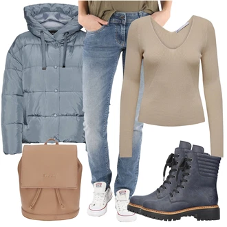 Trendový Outfit s Šedá Rieker "Perfektní pro volný čas"Look: Pracovní oděvy, Sportovní, Premium, Trendový, Šik, Unisex, Venkovní, Nadrozměrné, Ležérní