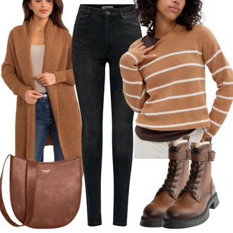 Den otců Outfit s Hnědá/Béžová Oversize Svetr/Dlouhé Kardigany/Vlněný kardigán/Vodopádový Svetr/Zavinovací svetr/Svetr s podšívkou/Kašmírový kardigán/Svetr kroj/Dlouhý Svetr/Zimní svetr Och Bella "Podzimní Look"Look: Den matek, Den na pláži, Den otců