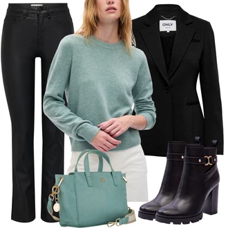 Outfit s Černá/Bílá/Žlutá Kožená bunda/Kotníková Bota Na Podpatku/Kozačka Na Podpatku/Kožená kotníková bota/Kotníková Bota s Podšívkou/Letní kotníková kozačka boto "Podzimní Look"