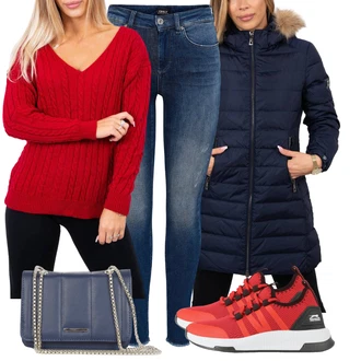 Outfit s Červená/Tmavě červená Pletený Svetr/Vlněný Svetr/Kardigan Vlněný kardigán/Hrubě pletený svetr/Zimní svetr/Kardigán s výstřihem do V/Dlouhý Svetr/Svetr s podšívkou/Jednoduchý Svetr/Svetr Carmen/Basic Svetr/Svetr s třásněmi/Svetr Niki/Kašmírový Svetr/Kašmírový kardigán/Svetr kroj/Svetr s Třásněmi/Zimní Svetr kesi "Podzimní outfit na volný čas"