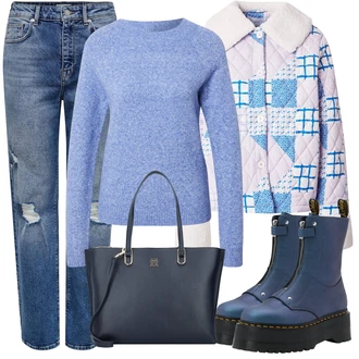 Outfity s botami s Modrá/Světle modrá Girlfriend Džíny/Džíny s Rozparkem/Dad Džíny/Džíny s Dírou/Boyfriend Džínové kalhoty/Kožené bundy Only "Podzimní outfit na volný čas"