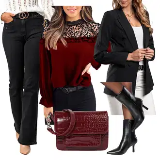 Elegantan Outfit sa Crna Bluza s Volanima "Poslovni look"Look: Elegantna, Elegantan