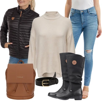 Ležérní outfity 60. Let s Černá Rieker "Praktický vzhled"Look: Western, Premium, Ležérní, 60. Let, Šik, Pohodlný