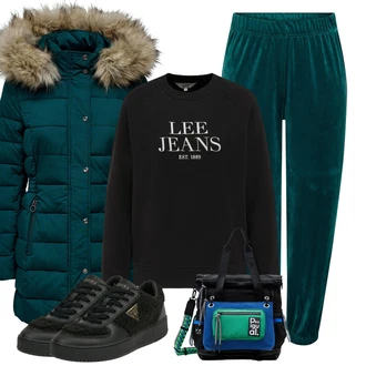 Elegantní Outfit s Černá Teniska Kožené Tenisky/Nízká Teniska/Úzká Teniska/Teniska na platformě/Teniska teddy Guess "Sportovní zimní outfit"Look: Estetika, Šik, Elegantní, Fancy, Glamourové, Lak, Lev, Sportovní, Streetwear, Trendový, Unisex
