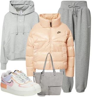 Nadrozměrné Outfit s Šedá/Světle šedá Dámský Svetr/Svetr s kapucí/Vintage mikina/Svetr S Kapucí/Unisex Mikina S Kapucí/Sportovní mikina/Originální mikina/Oversize mikina Nike Sportswear "Sportovní zimní outfit"Look: Hip Hop, Pro Dům, Nadrozměrné, Skater, Sportovní, Unisex, Univerzitní