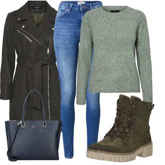 Outfit s Tmavě zelená/Khaki Lodenový kabát/Trenčkot/Vlněný Kabát/Kabát se Zipem/Zimní Kabát Vlněný kabát/Trenčkot/Vojenský Kabát VERO MODA "Příjemný vzhled pro volný čas"