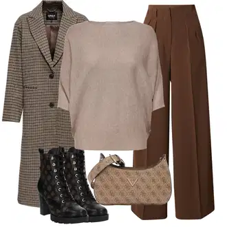 Elegantní outfity Podzim s Šedá/Hnědá/Béžová Tweedový Kabát/Kabát Bouclé Only, Hnědá/Béžová/Šedá/Fialová Svetry s netopýřím rukávem/Kašmírový Svetr/Vodopádový Svetr/Oversize Svetr/Jednoduchý Svetr JdY "Stylový vzhled do kanceláře"