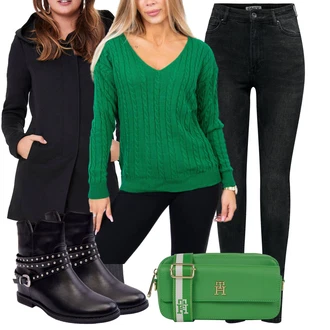 Outfit s Neonové barvy/Zelená/Tmavě zelená Pletený Svetr/Svetr kroj/Kardigán s kulatým výstřihem/Vlněný Svetr/Zimní svetr/Jednoduchý Svetr/Kašmírový kardigán/Kašmírový Svetr/Krátký svetr/Svetr s Třásněmi/Zimní Svetr/Basic Svetr/Svetr Niki/Svetr z Jemné Pleteniny/Svetr s podšívkou/Kardigán s výstřihem do V kesi "Stylový vzhled pro volný čas"