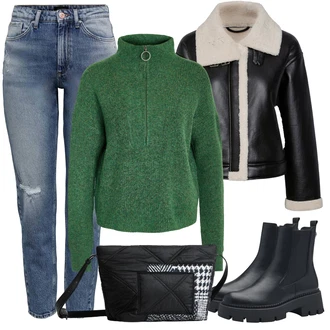 Outfity s "mom" džínami Zima s Tmavě hnědá/Bílá/Černá/Hnědá Pieces "Stylový zimní outfity"