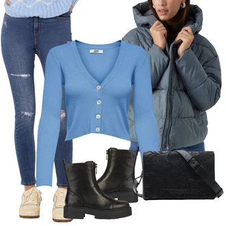 Výstřih na ramena Outfit s Šedá/Světle modrá/Modrá Bunda Zimní Bund/Letní peřová Bunda/Nafukovací Bund/Udržitelná Bunda/Puchová Bund/Přechodné Bundy VERO MODA "Stylový zimní outfity"