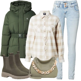 Outfit s Bílá/Hnědá/Béžová/Khaki Károvaná Halenka/Flanelová Halenka About You "Stylový zimní outfity"