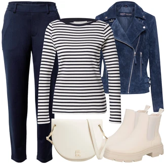 Outfit s Bílá/Krémová/Béžová/Khaki/Hnědá Chelsea Boty/Gumová Kotníková Bota/Kožená bunda/Plochá Kotníková Bota About You "Stylový zimní outfity"