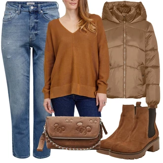 Outfit s Hnědá/Béžová Zimní Bund/PodZimní Bunda/Puchová Bund/Nafukovací Bund/Krátký Bund/Krátký Bund/Letní peřová bunda/Udržitelná bunda VERO MODA "Stylový zimní outfity"