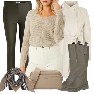 Outfit s Béžová/Hnědá/Bílá/Khaki Lodenový kabát/Pletený Fleecový Kabát/Pletený Kabát/Zimní Kabát Vlněný kabát/Kašmírový Kabát/Vlněný Fleecový Kabát/Lehký Kabát VERO MODA "Podzimní outfity"