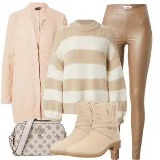 Outfit s Růžová/Béžová/Hnědá/Oranžová Kabát Bouclé/Pletený Fleecový Kabát/Pletený Kabát/Lehký Kabát/Teddy Kabát/Tweedový Kabát VERO MODA "Trendový podzimní outfit"