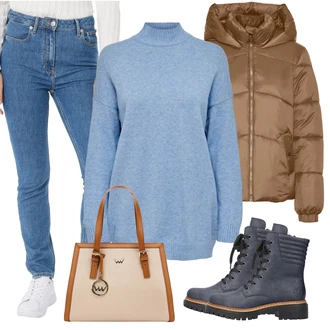 Slim fit Outfit s Modrá/Světle modrá Slim fit Džíny/Push up Džín/Zužující se Džíny/Zimní bunda/Kožená bunda/Termální Džíny/Džíny Regular Fit/Mom Jean/Dad Džíny/Džíny s Rozparkem/Kožené Boty/Vintage džíny/High Waist Džínové Kalhoty Tommy Hilfiger "Trendový podzimní outfit"