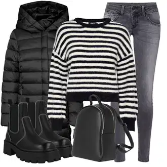 Outfity na zimu Pruhovaný s Černá Chelsea Boty/Kožená bunda Only, Černá/Hnědá/Bílá/Červená/Žlutá/Tmavě modrá Mohair Pullover Only "Vánoční outfit"