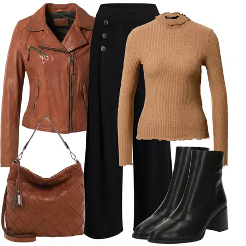 Kombinace Černá/Žlutá/Tmavě modrá Palazzo Kalhoty/Kalhoty s Vysokým Pasem/Kalhoty se Štěrbinou/Culotte Kalhoty/Široká Kalhoty/Mušelínové kalhoty/Tradiční Kalhoty/Marlene Kalhoty/Lněné Kalhoty Edited kombinovat s Hnědá/Oranžová Bunda z Umělé Kůže/Kožená vintage Bunda/Motorkářská Bunda/Motorkářské Bund/Kožené Bund Oakwood