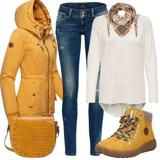Outfit s Žlutá/Hnědá Zimní bota/Teniska Zimní Tenisky/Trekingová Bota/Šněrovací Kozačka Rieker "Vkusný podzimní outfit"
