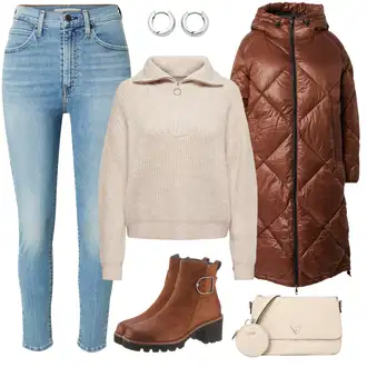 Kombinacije od trapera Zvonoliki kroj sa Bež/Smeđa/Bijela/Zlatni Torba Za Preko Ramena/Mala Torbica/Torba za nošenje/Torba za pisma/Torba preko ramena/Torbica Guess "Zimski Outfit"