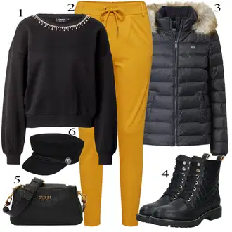 Bucket hat outfits mit Črna Tommy Jeans, Črna Guess "Zimski outfit"