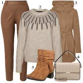 Outfits for chubby mit Khaki/Bež/Rjava Nagubane hlače/Hlače iz Imitacije Usnja/Pajkice Usnjena pajkica/Leginge v Videzu Usnja/Usnjena Hlača/Hlača z Razporkom/Skinny Hlače/Slim Hlača/Treggings Object "Zimski outfit"