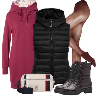 Outfit s Červená/Tmavě červená/Růžová/Vínová/Fialová Kozačka Šněrovací Kotníková Bota/Klasická Kozačka/Motorkářská bota/Bojová Bota/Plochá Kotníková Bota Tamaris "Zimní outfity"