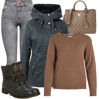 Outfit s Tmavě zelená/Šedá/Tmavě modrá/Tmavě šedá Ripstop bunda/Funkční Bunda/Turistická bunda/Plachtařská bunda/Bunda 2v1/Trekingová bunda/Bunda s Kapucí/Zimní Bund/Snowboardová Bund/Outdoorové Bundy/Vosková Bunda Ragwear "Zimní outfity"