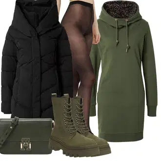 Layered Outfit s Černá Zimní Kabát/Péřový Kabát/Dlouhý Péřový Kabát/Dlouhý Zimní Kabát/Prošívaný kabát/Přechodový Kabát Ragwear "Zimní outfity"Look: Cool, Layered, Moderní, Mom, Venkovní, Příliš oblečený, Nadrozměrné, Sportovní