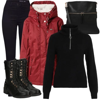 Outfit s Červená/Tmavě červená Lyžařská bunda/Zimní Parka/Outdoorové Bundy/Sněhová Bund/Parka Přechodová Bund/Bunda 2v1/Bunda s Vnitřním Vystláním/Snowboardová Bund/Podzimní bunda/Bunda s Kapucí/Zimní Bund Ragwear "Zimní outfity"