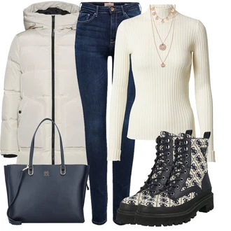 Outfit s Šedá/Béžová/Hnědá/Khaki/Bílá Zimní Parka/Zimní Bund/Puchová Bund/Nafukovací Bund/Letní peřová bunda VERO MODA "Módní zimní outfit"