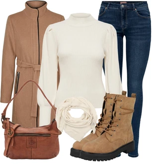 Outfit s Hnědá/Béžová Kozačka Šněrovací Kotníková Bota/Motorkářská bota/Bojová Bota/Klasická Kozačka Dockers by Gerli "Módní zimní outfit"