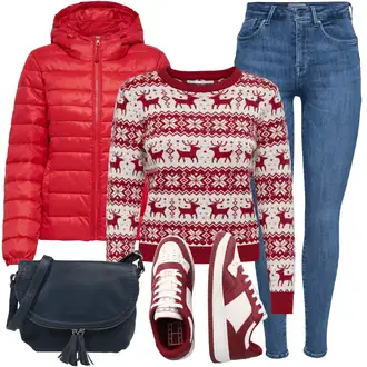 Nordijski uzorak Outfit sa Pink/Crvena/Tamnocrvena Džemper Only "Zimski Outfit"