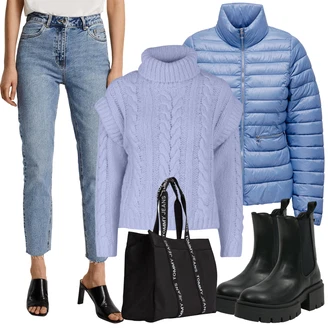 Outfity z džínu Zima s Světle modrá/Modrá Nafukovací Bund/Letní peřová bunda/Udržitelná bunda/Krabice bunda/Prošívaná Bunda/Otočná Bunda/Péřová Bunda/Puchová Bund Only "Zimní look"