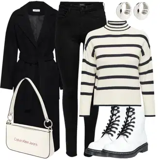 Outfity na zimu Pruhovaný s Krémová/Béžová/Bílá/Hnědá/Tmavě modrá Svetr s límečkem/Rolák Only "Zimní look"