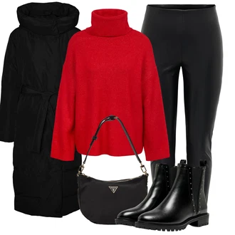 Lak Outfit s ?erná Koza?ka Ko?ená bunda/Chelsea Boty/Plochá Kotníková Bota/Ko?ená kotníková bota Only "Zimní look"Look: Gotický, S Mokrým Vzhledem, ?ik, Lak, Premium, Glamourové, Nadrozm?rné, Metal, Trendový, Elegantní