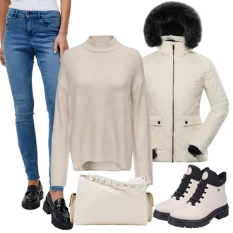 Umělá kožešina Outfit s Béžová/Bílá/Černá/Krémová Klasická kozačka/Šněrovací Kotníková Bota/Trekingová Bota/Nepromokavá Bota/Gumová Kotníková Bota/Kožená bunda Rieker "Zimní look"