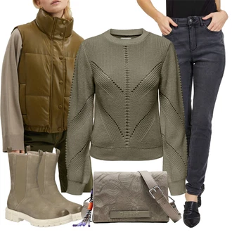 Dlouhé Outfit s Hnědá/Béžová/Tmavě zelená/Khaki Krátká Vest/Prošitý Prslušenství/Obracející se Vest/Venkovní Vest/Peřová Vest/Izolační Vest/Puffer Vest JdY "Zimní look"