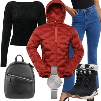 Outfit s Červená/Oranžová Turistická bunda/Izolační bunda/Merino bunda/Nylonová bunda/Lyžařská bunda/Skialpinistická bunda/Snowboardová Bund/Udržitelná bunda/Termo Bund/Trekingová bunda nax "Zimní look"