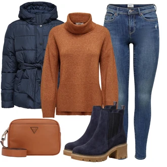 Outfit s Tmavě Modrá/Modrá Letní kotníková kozačka/Chelsea Boty/Kotníková Bota s Podšívkou/Kožená bunda Tamaris "Zimní look"
