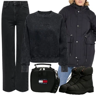 Zima Outfit s Černá Zimní kotníková bota/Zimní bota/Teniska Zimní Tenisky/Ovčí Kožešinová Bota/Vycpaná kozačka/Zimní kozačka z jehněčí kůže Guess "Zimní look"