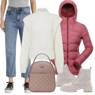 Outfit s Béžová/Světle modrá/Modrá Mom Jean/Girlfriend Džíny/Formální Košile/Zkrácené Džíny/Džíny Regular Fit/Dad Džíny/Zužující se Džíny Desigual "Zimní nálada"