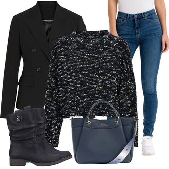 Klasické Vysoký Pas Outfit s Modrá/Světle modrá Kožená bunda/Slim Fit Džíny/High Waist Džínové Kalhoty/Džíny s Nízkým Sedem/Push up Džín/Kožené Boty Ichi "Zimní nálada"Look: Ležérní, Klasické, Cool, Disko, Egirl, Bezešvé