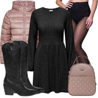 Áčkového Střihu Outfit s Černá/Šedá/Tmavě šedá Pouzdrové Šaty S Dlouhým Rukávem/Zimní Pletené Šaty/Zimní šaty s dlouhým rukávem/Dlouhé pletené šaty/Šaty S Rolákem/Svetrové Šaty JdY "Zimní nálada"Look: Áčkového Střihu