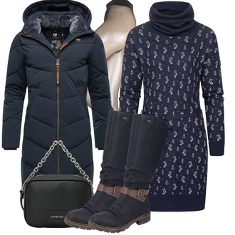 žakár Outfit s Tmavě modrá Tunikové šaty/Šaty s dlouhým rukávem/Zimní šaty s dlouhým rukávem/Šaty S Rolákem/Mikinové Šaty/Zimní Pletené Šaty/Svetrové Šaty/Pletené Šaty Ragwear "Zimní outfity"