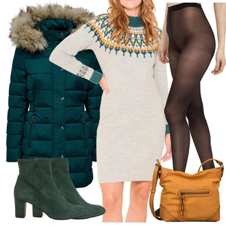 Norský vzor Outfit s Béžová/Šedá/Zelená Svetrové Šaty/Zimní Pletené Šaty/Pletené Šaty/Zimní šaty s dlouhým rukávem/Šaty S Rolákem brakeburn "Zimní outfity"