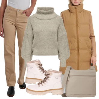 Outfit s Hnědá/Khaki/Béžová Vest bez Rukávů/Puffer Vest/Dlouhá Vest/Krátká Vest/Lehký Prslušenství/Peřová Vest VERO MODA "Zimní outfity"