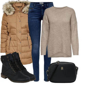 Outfit s Černá/Tmavě modrá/Modrá Kozačka Šněrovací Kotníková Bota/Klasická Kozačka/Kotníková Bota s Podšívkou/Bojová Bota/Plochá Kotníková Bota/Motorkářská bota Rieker "Zimní outfity"